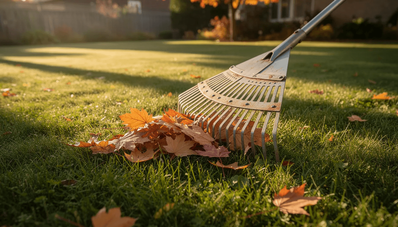 A rake pulling a drift of fallen maple leaves across a still-green autumn lawn