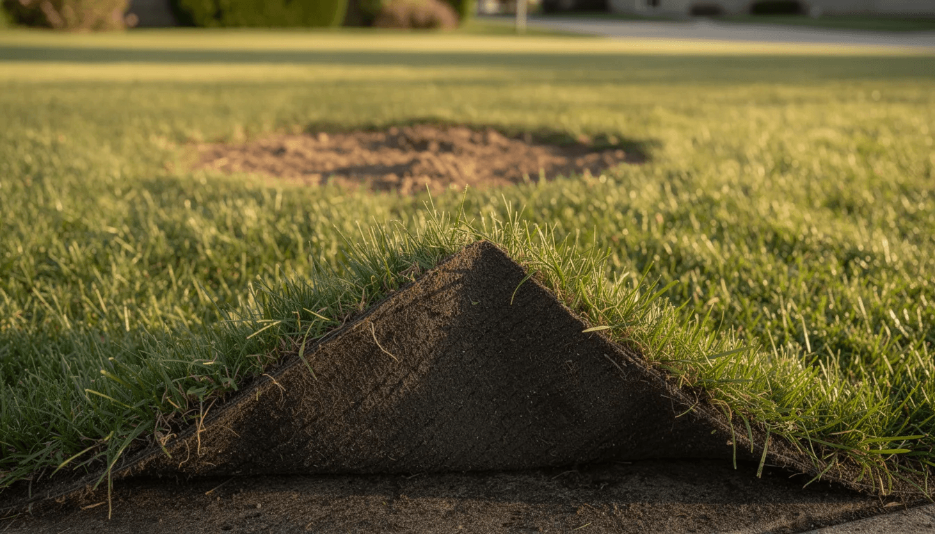 A section of sod peeled back like carpet to expose dark soil, with a small dead patch of grass nearby