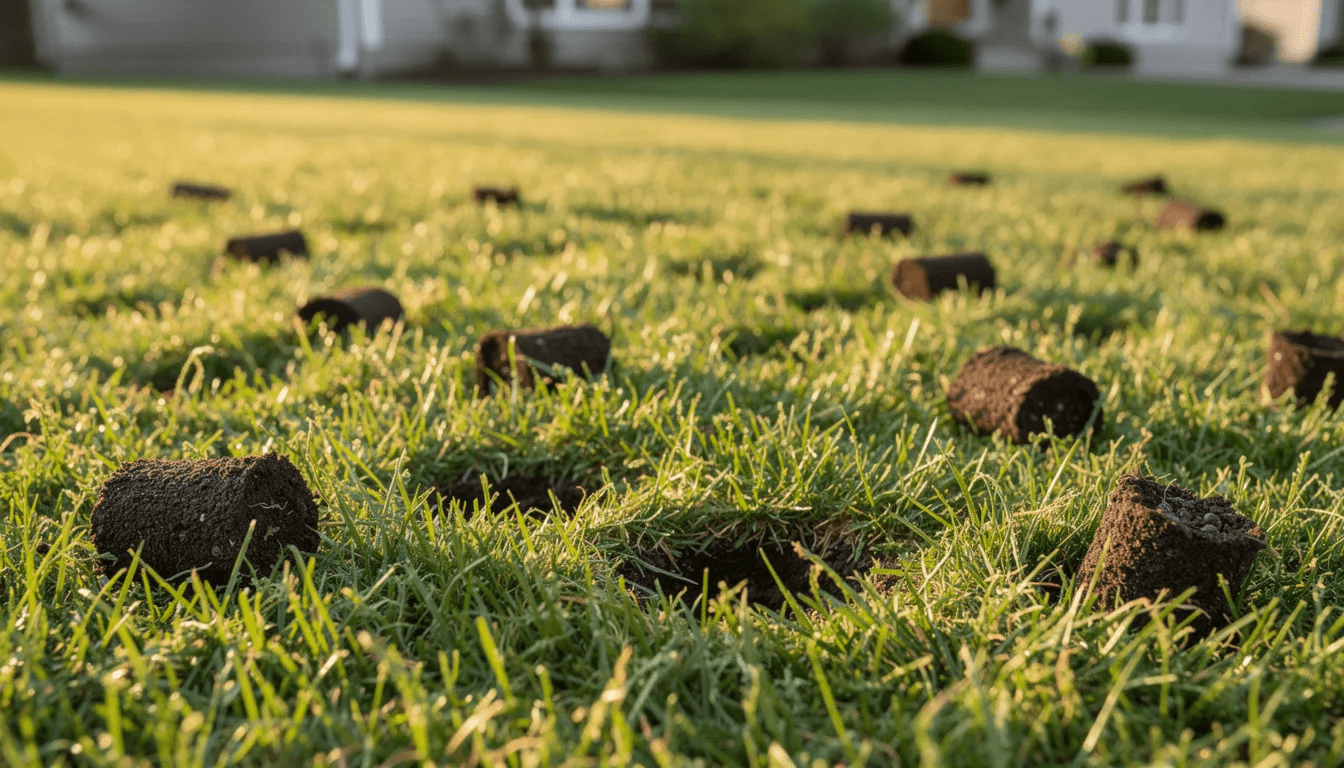 Dark soil cores scattered on green grass after core aeration, plug holes visible in the turf