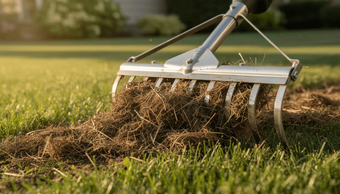 A dethatching rake pulling a mat of brown thatch out of green turf