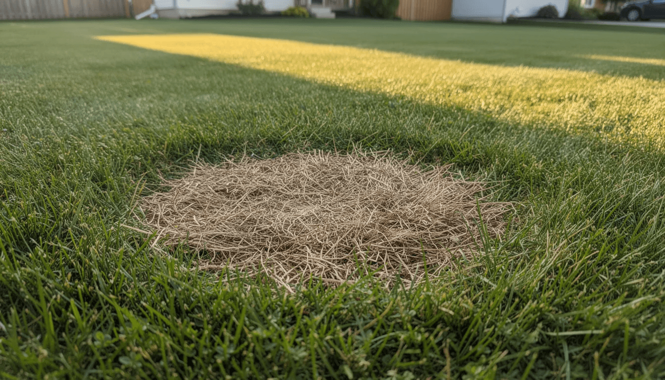 A circular straw-coloured patch of dead grass in the middle of an otherwise green lawn