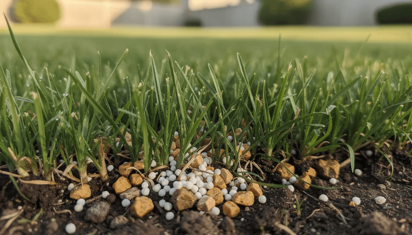 White and amber fertilizer granules resting among green grass blades at the soil line