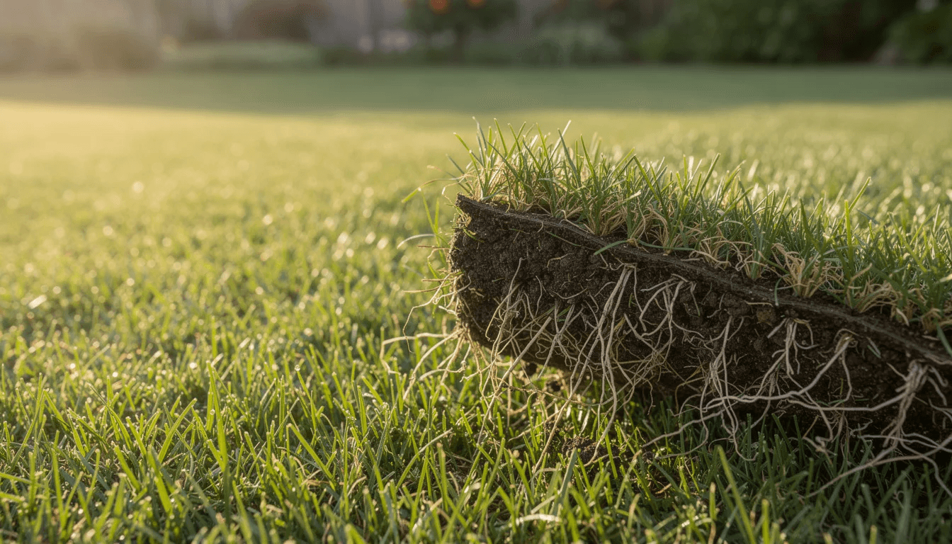 A corner of sod lifted like a flap, exposing dark soil and the pale root mat beneath the turf