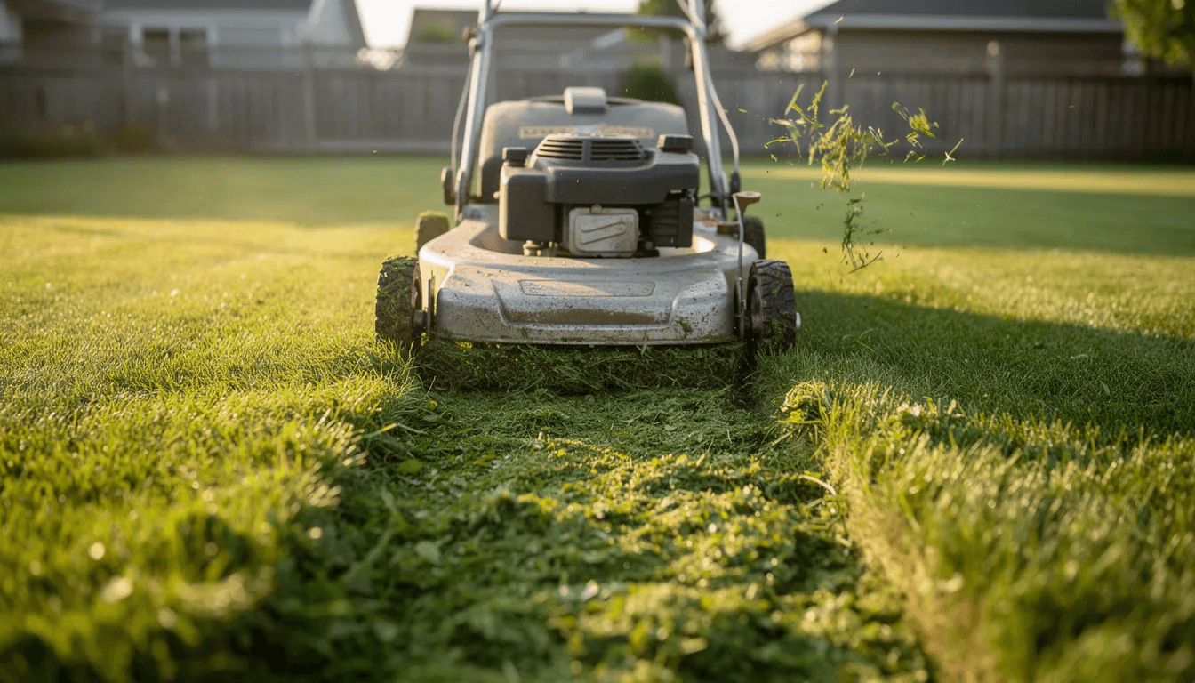 A push mower cutting a clean stripe through thick green backyard grass, clippings in the air