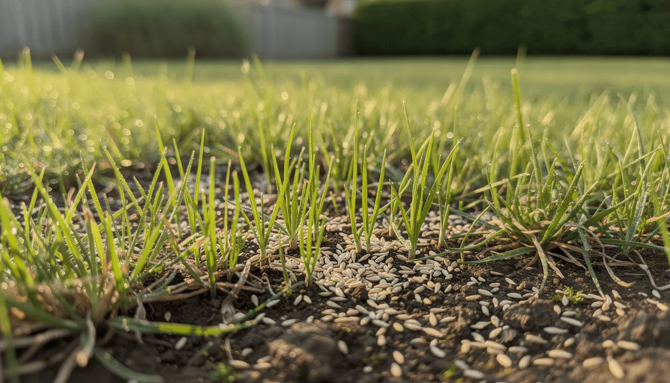 Grass seed scattered over thin turf with fine new seedlings emerging between the older blades