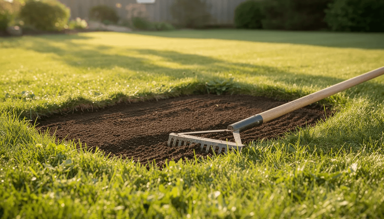 A bare patch in a lawn covered with fresh topsoil raked smooth, a rake resting at the edge of the patch