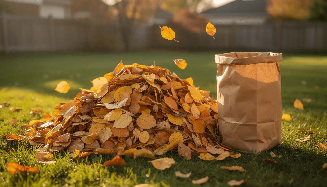A pile of raked autumn leaves on grass beside a filled paper yard waste bag