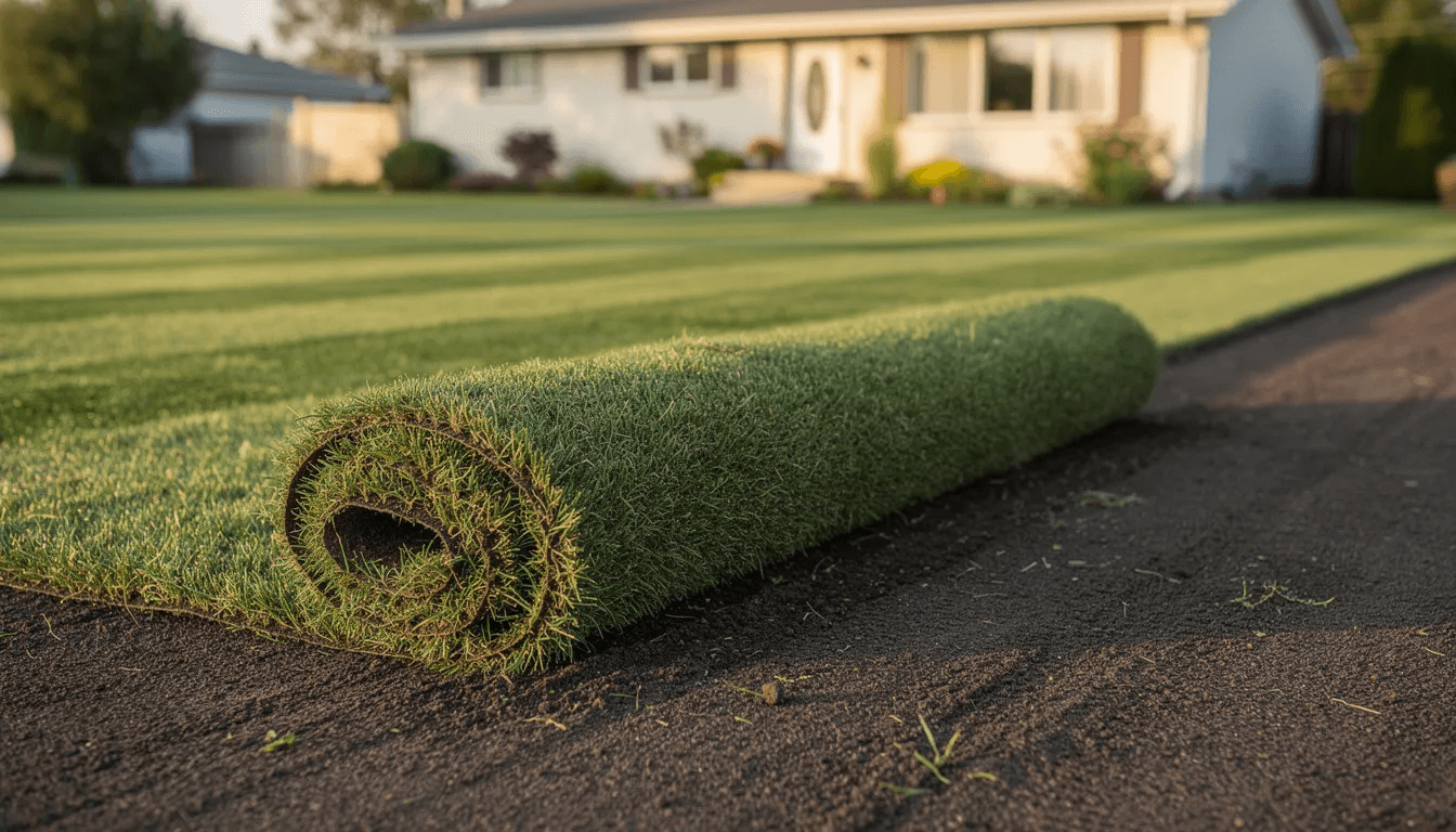 Fresh sod rolls partially unrolled across prepared dark topsoil in a residential yard