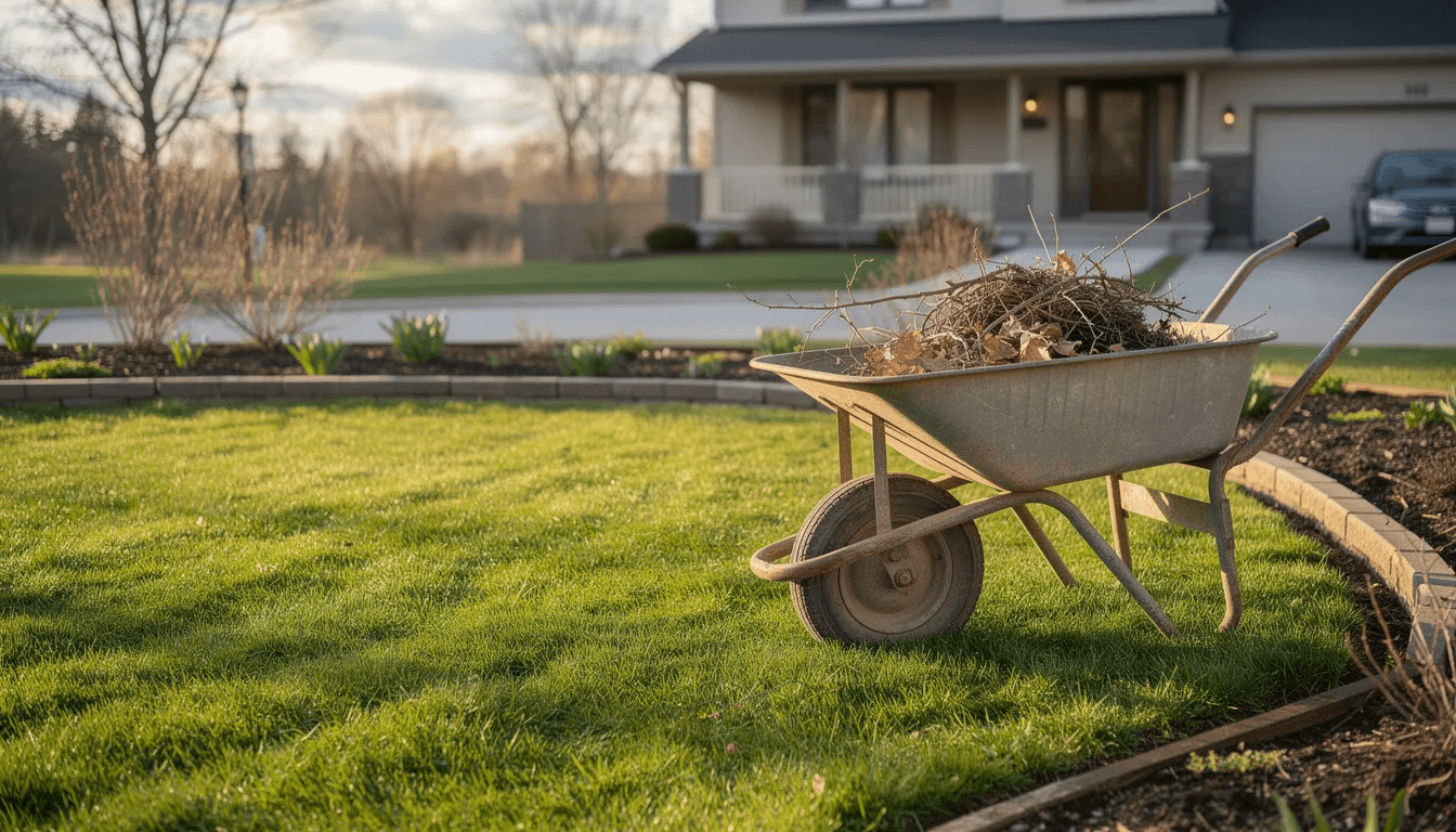 A wheelbarrow full of raked winter debris and matted leaves sitting on a spring lawn