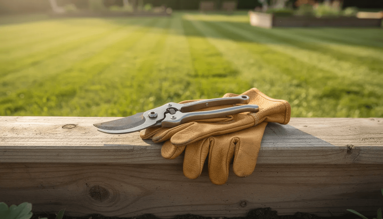 Leather work gloves and pruning shears resting on a garden bed edge beside fresh-cut striped grass