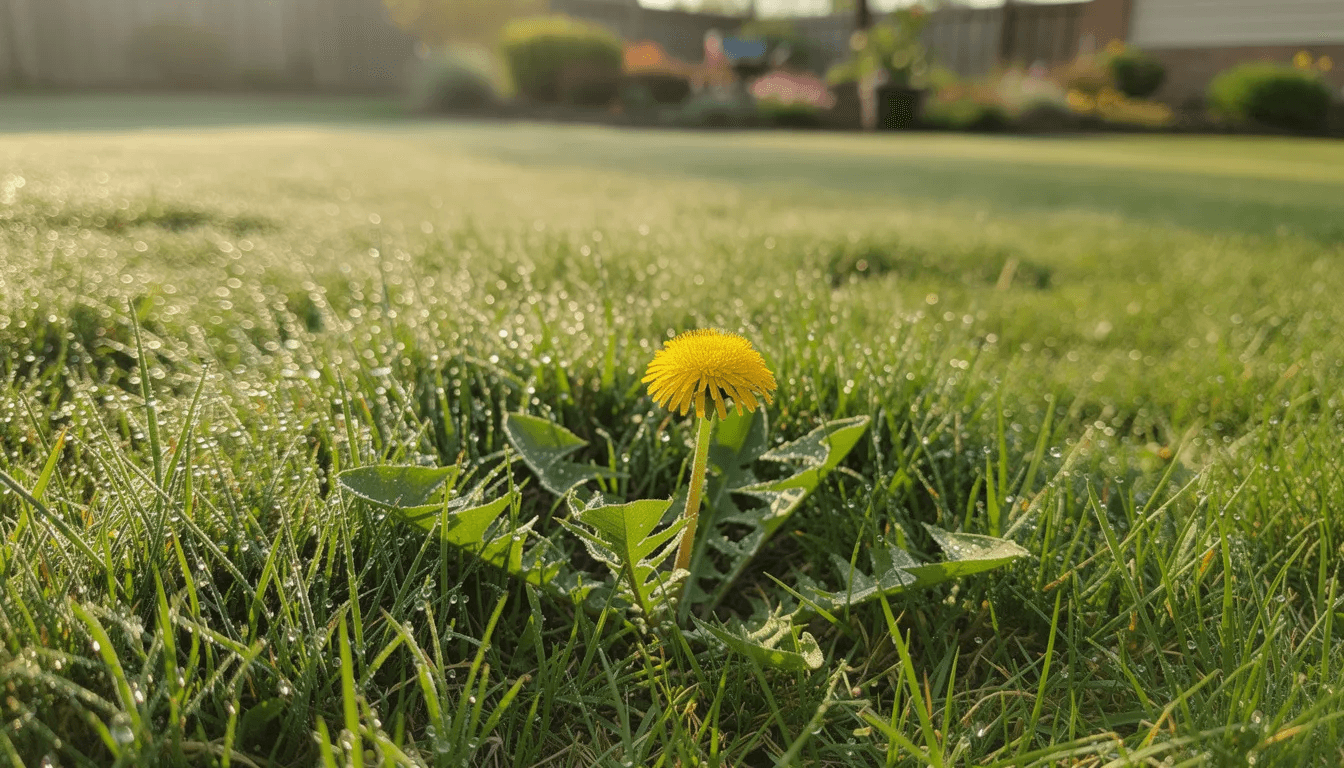 A single yellow dandelion growing in otherwise dense green turf beaded with morning dew