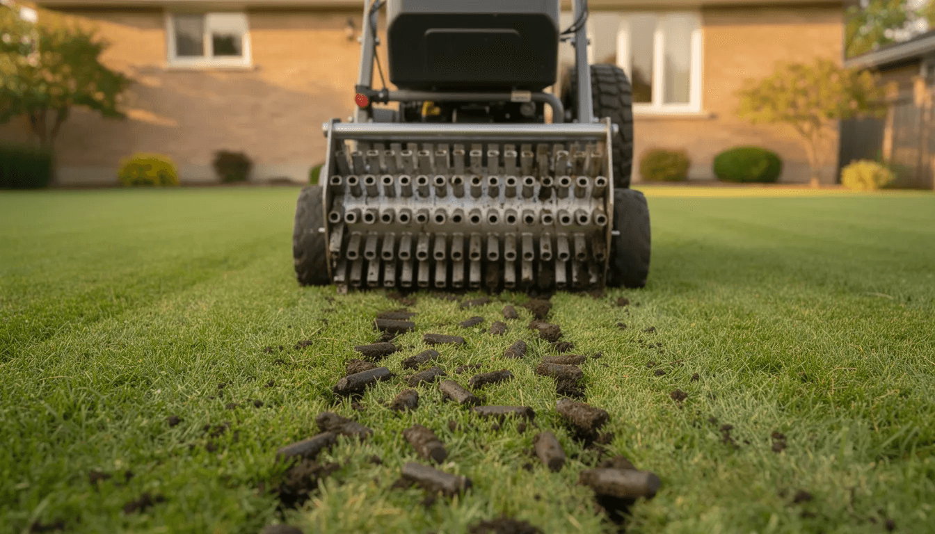 Core aerator with hollow tines on suburban lawn, trail of soil plugs behind machine, round holes in turf, brick house