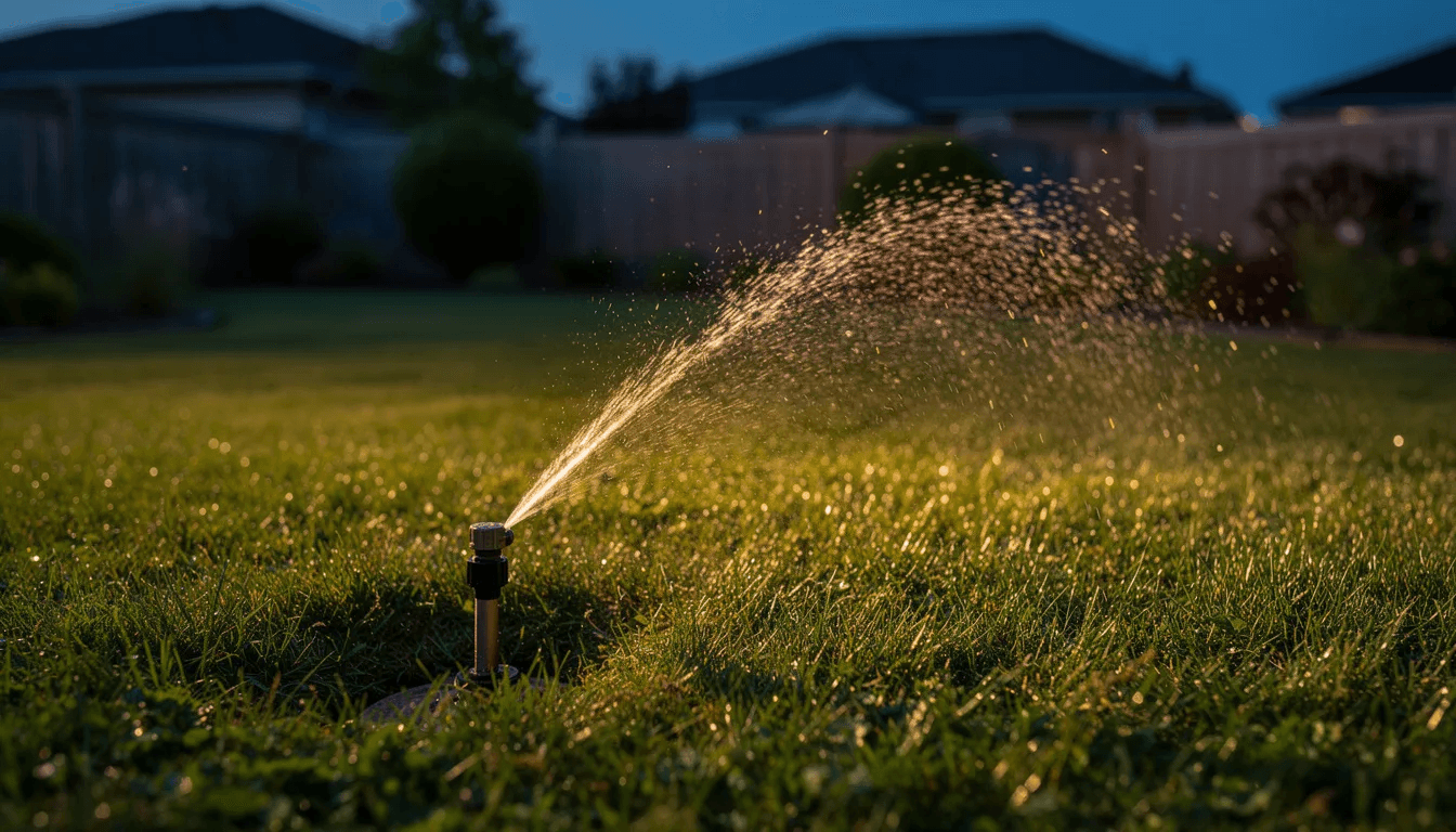 A small sprinkler throwing an arc of backlit water over a lawn at dusk