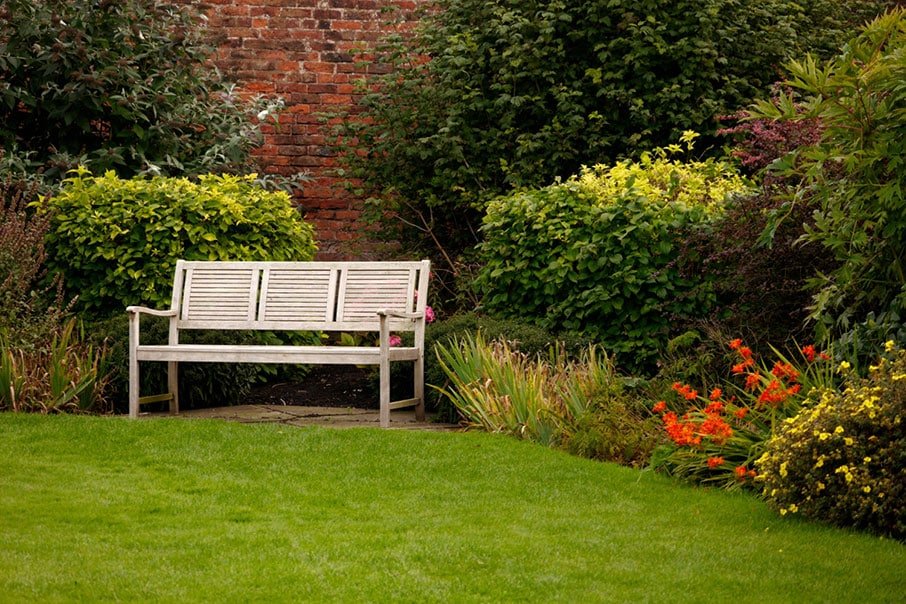 Beautiful lawn with white bench